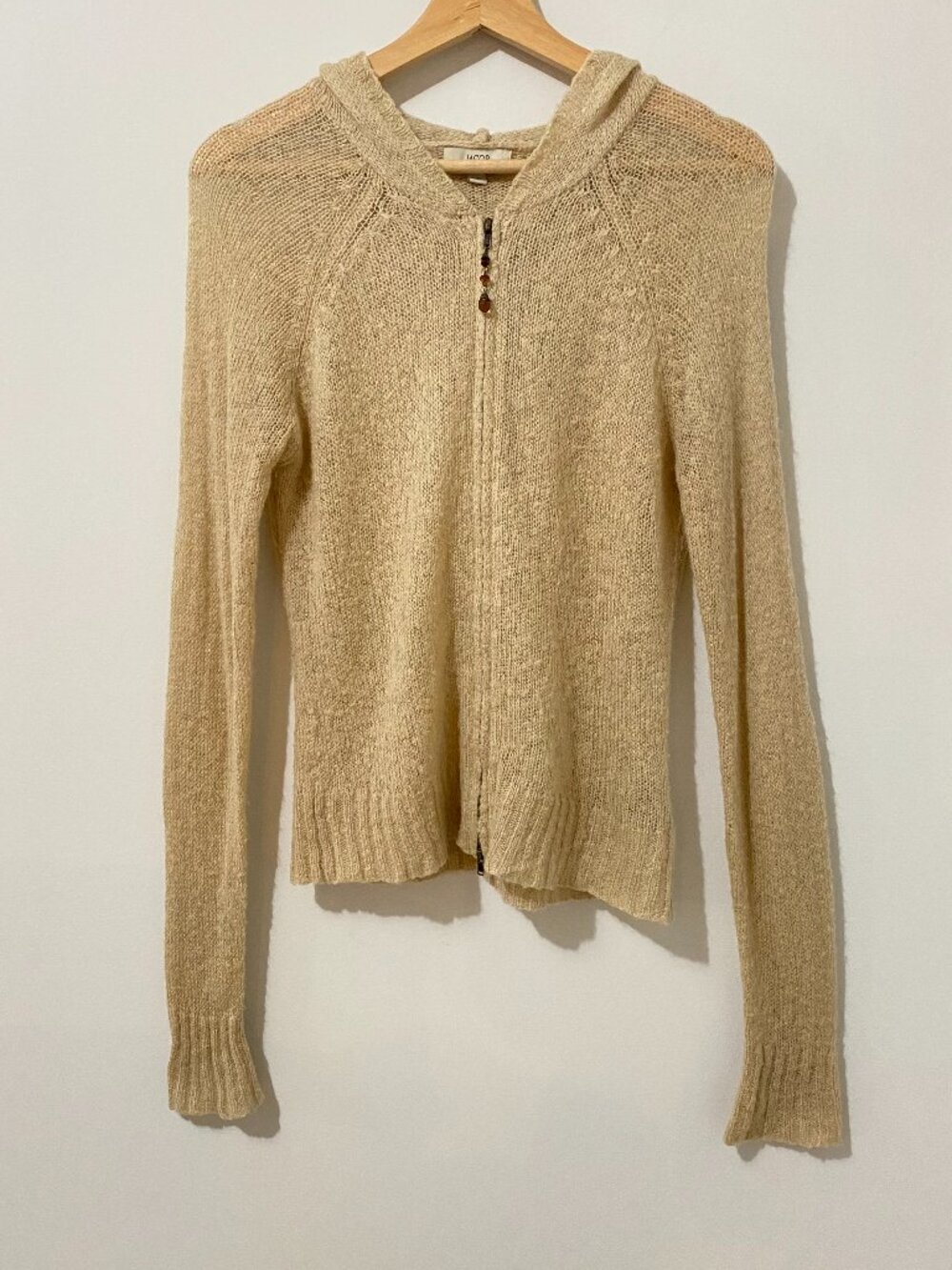 Vintage Y2K Wool Blend Knit Hoodie Sweater Zip Beaded Pull Cozy Granola Boho